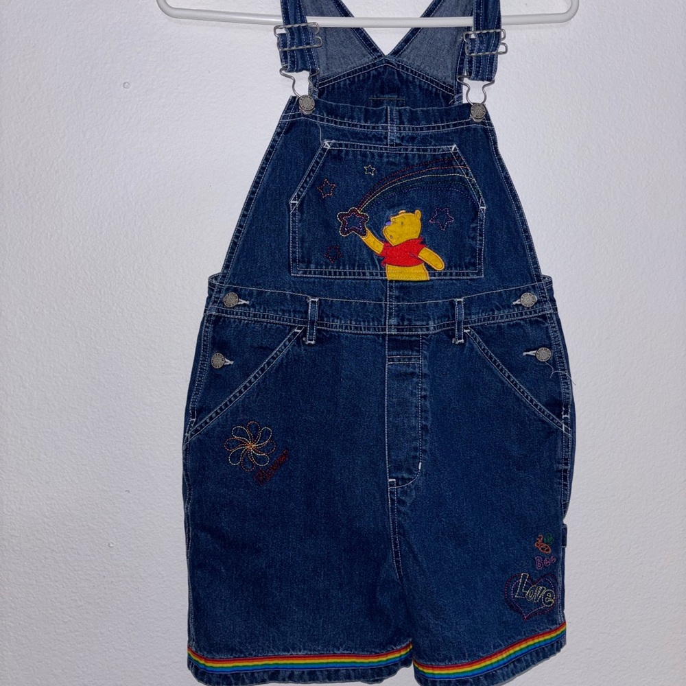 Vintage Winnie the Pooh Disney Denim Overalls With Rainbow SZ 14 Embroidered - Picture 2 of 8